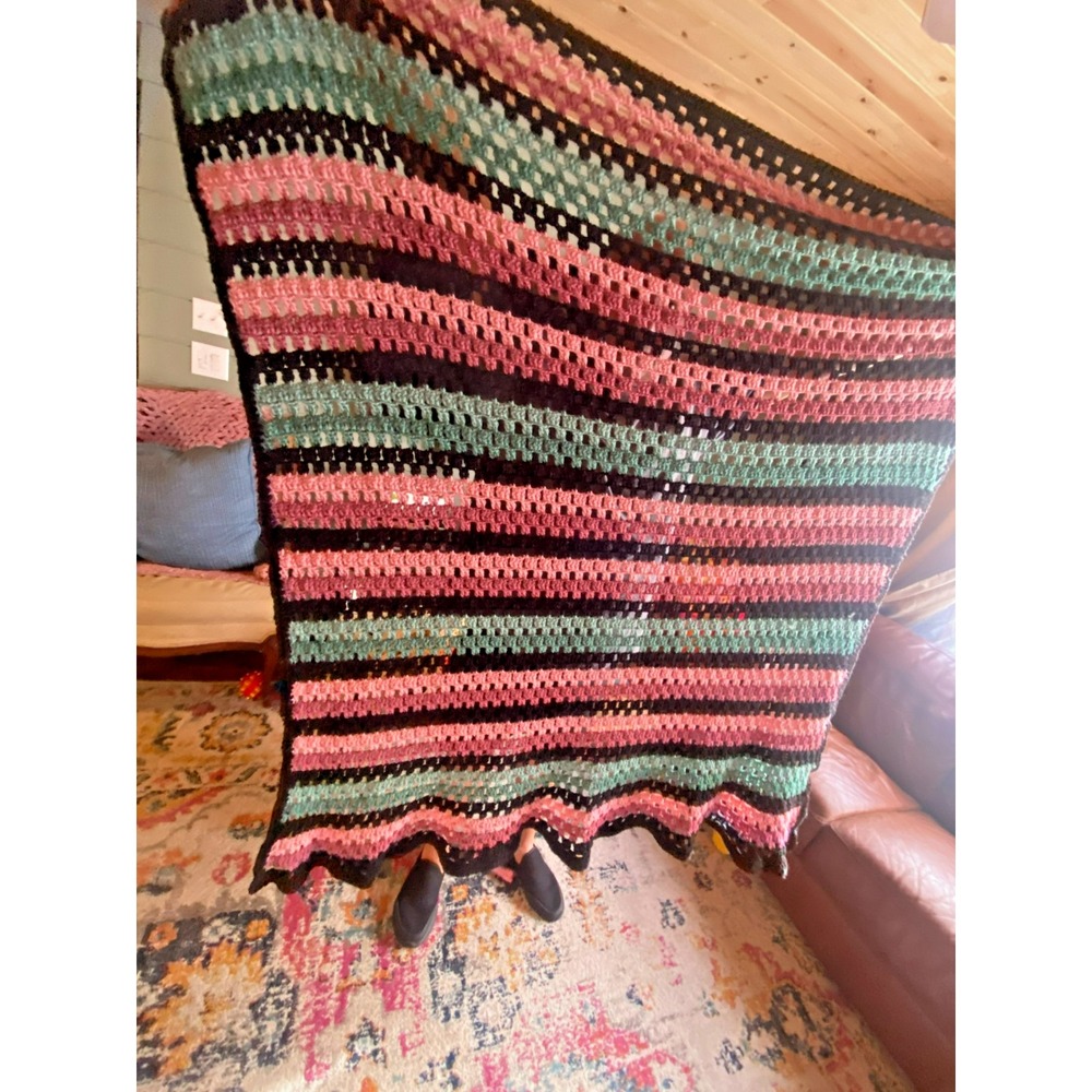 Handmade Crocheted Afghan Pink Green Black Striped Throw Blanket 64x74